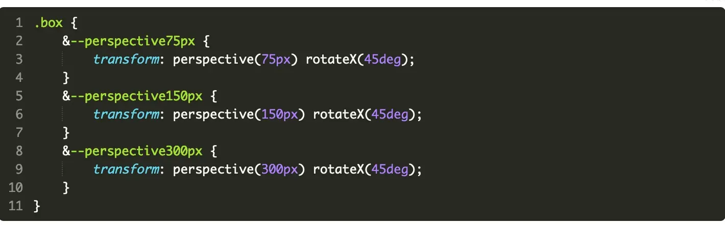 CSS transform with perspective and BEM modifier variants — live demo code