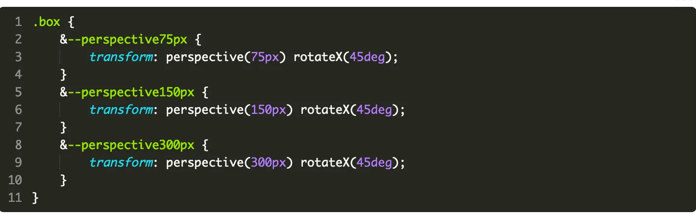 CSS transform with perspective and BEM modifier variants — live demo code