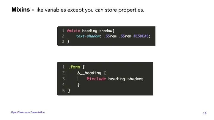 Mixins slide — CSS and SASS Student Webinar, OpenClassrooms