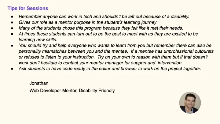 Tips for Sessions — Jonathan Root, Web Developer Mentor, Disability Friendly