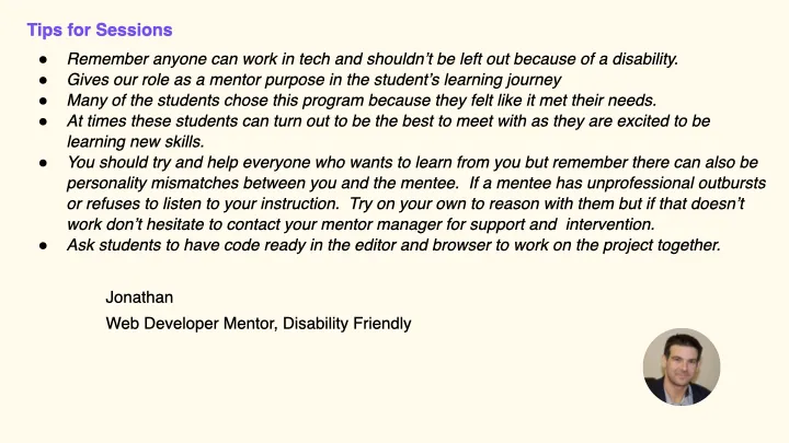 Tips for Sessions — Jonathan Root, Web Developer Mentor, Disability Friendly
