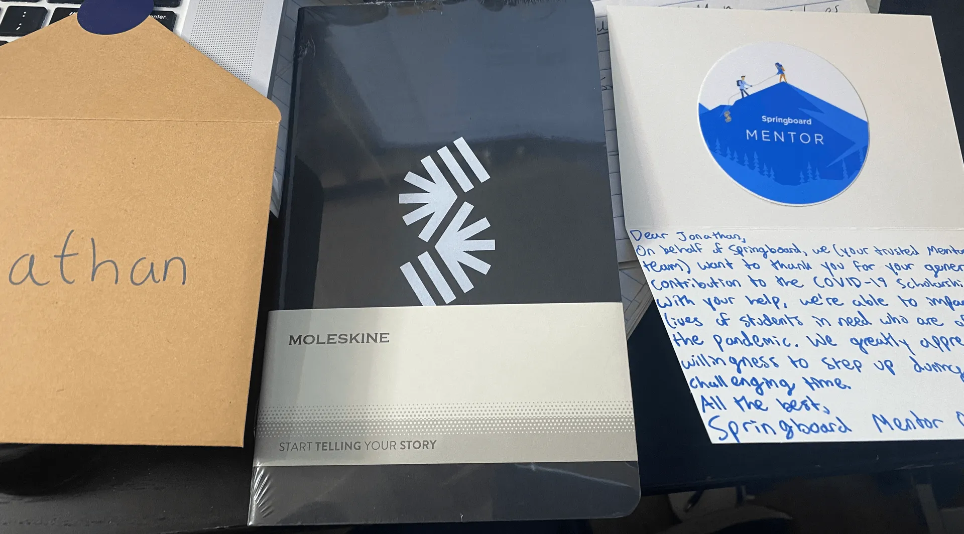 Springboard COVID-19 Scholarship recognition — handwritten card and Moleskine notebook gift