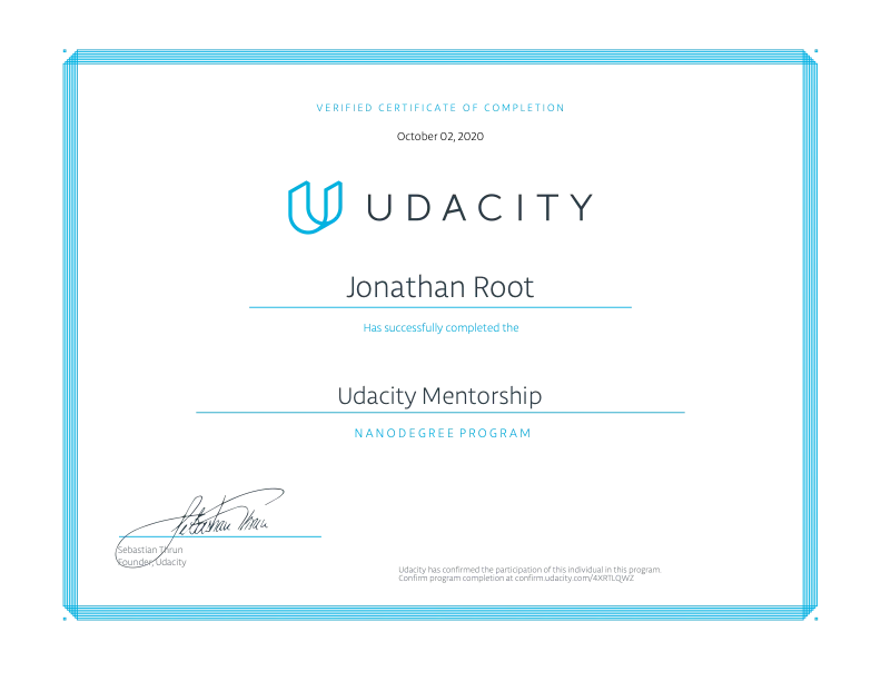Udacity Mentorship Nanodegree Certificate — Jonathan Root, October 2020