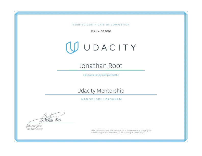 Udacity Mentorship Nanodegree Certificate — Jonathan Root, October 2020