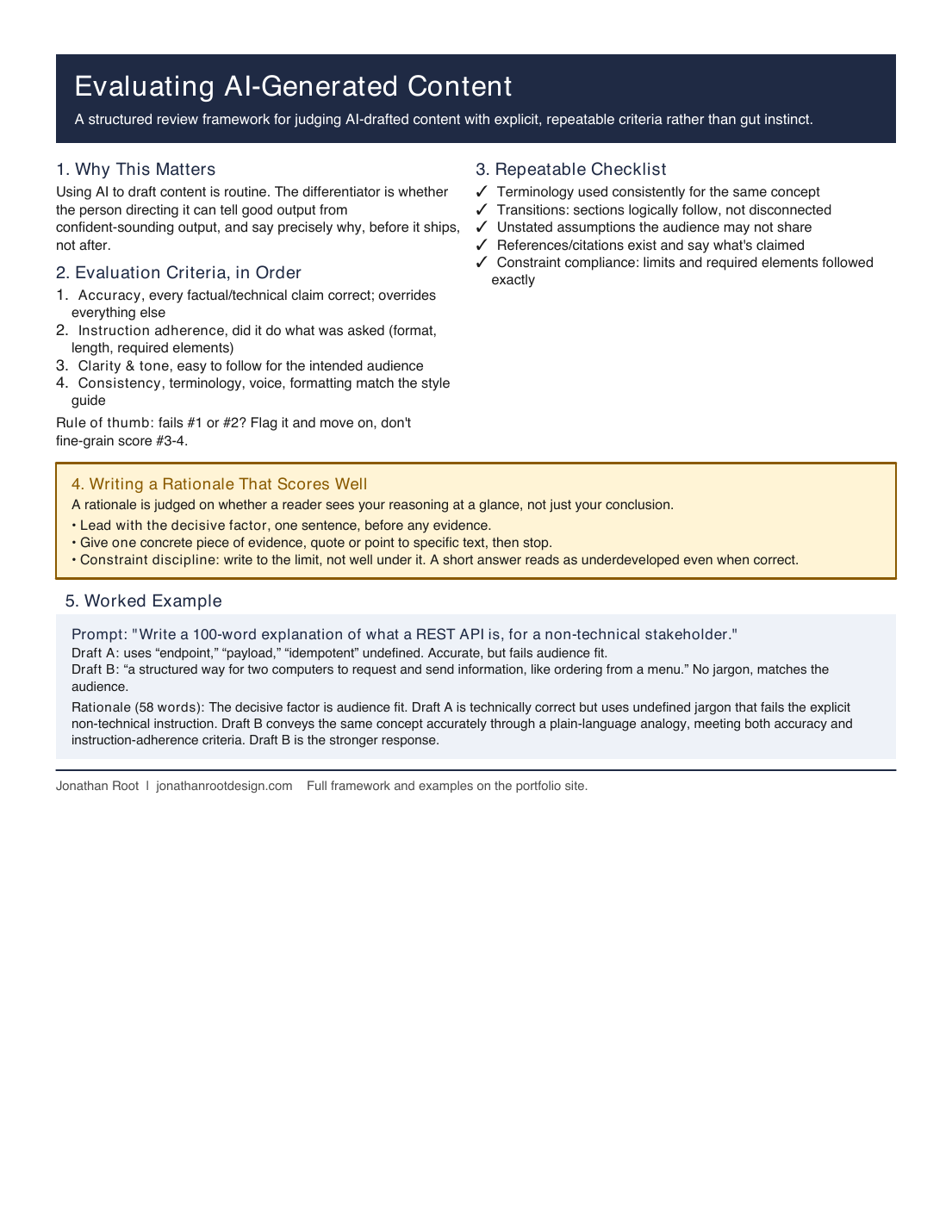 Preview of the one-page job aid. Sections cover why this matters, four evaluation criteria in priority order, a repeatable checklist, a rationale-writing method, and a worked example comparing two draft responses.